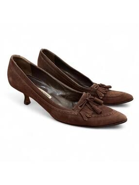Manolo Blahnik brown suede kitten heels with tassels and fringe. Size 37.